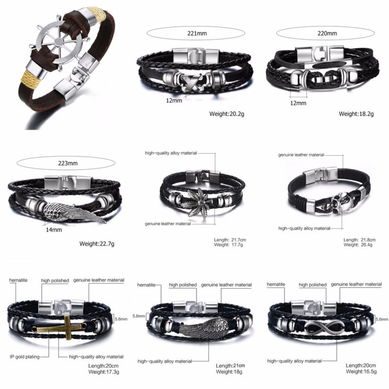 Vnox Vintage Rudder Charm Bracelet for Men Multilayer Leather Rope