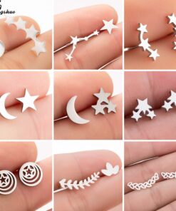 Shuangshuo Fashion Star Moon Earrings Ear Climber Tiny Leaf Stud Earrings for Women Ear Crawlers Stainless Steel pendientes Gift