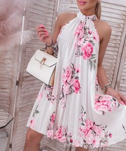 Floral Print Halter Casual Pleated Dress 2023 Y2k Women High Waist Swing Dress Summer Vestidos Pencil Party Dresses Sexy